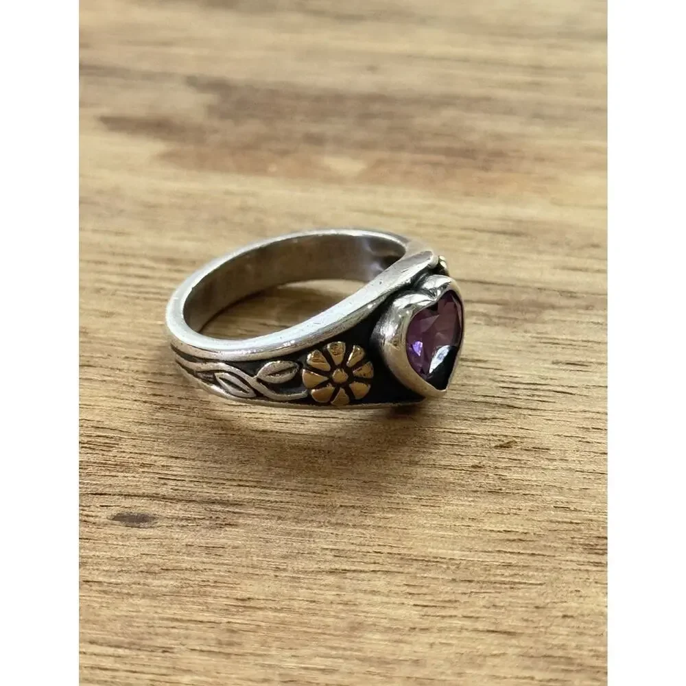 James Avery Retired Amethyst Heart 14kt Gold Flower Sterling Silver Ring Size 5